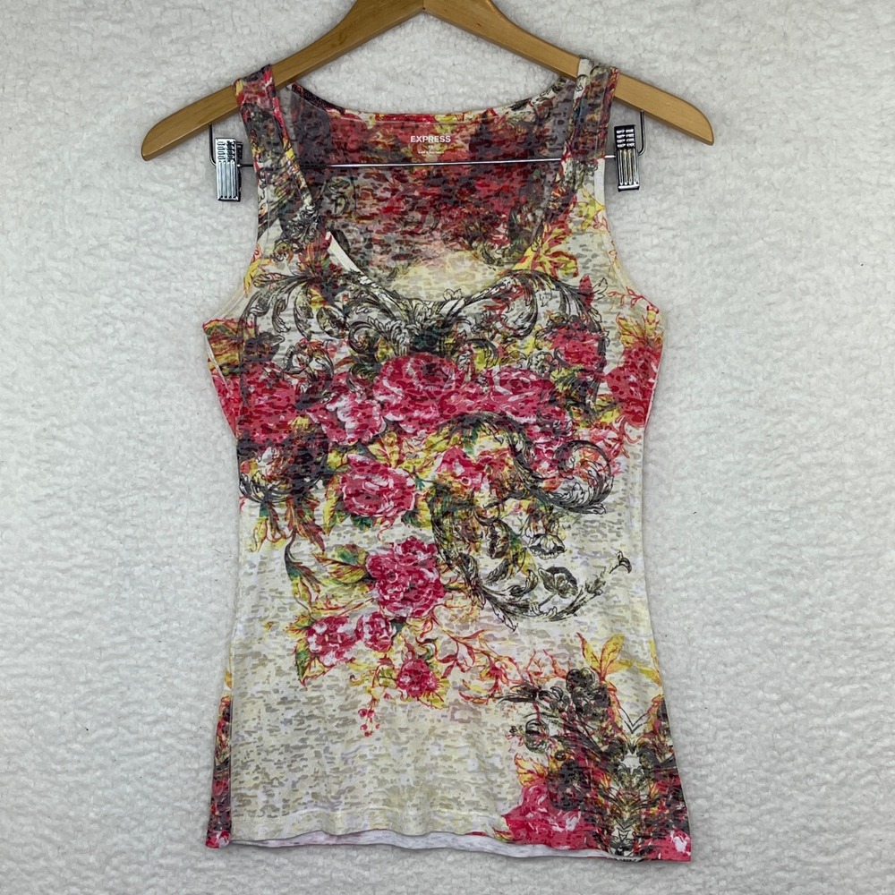 Express XS Floral Burnout Tank Top Y2K Pink Burnout Scroll Scoop Neck Sleeveless